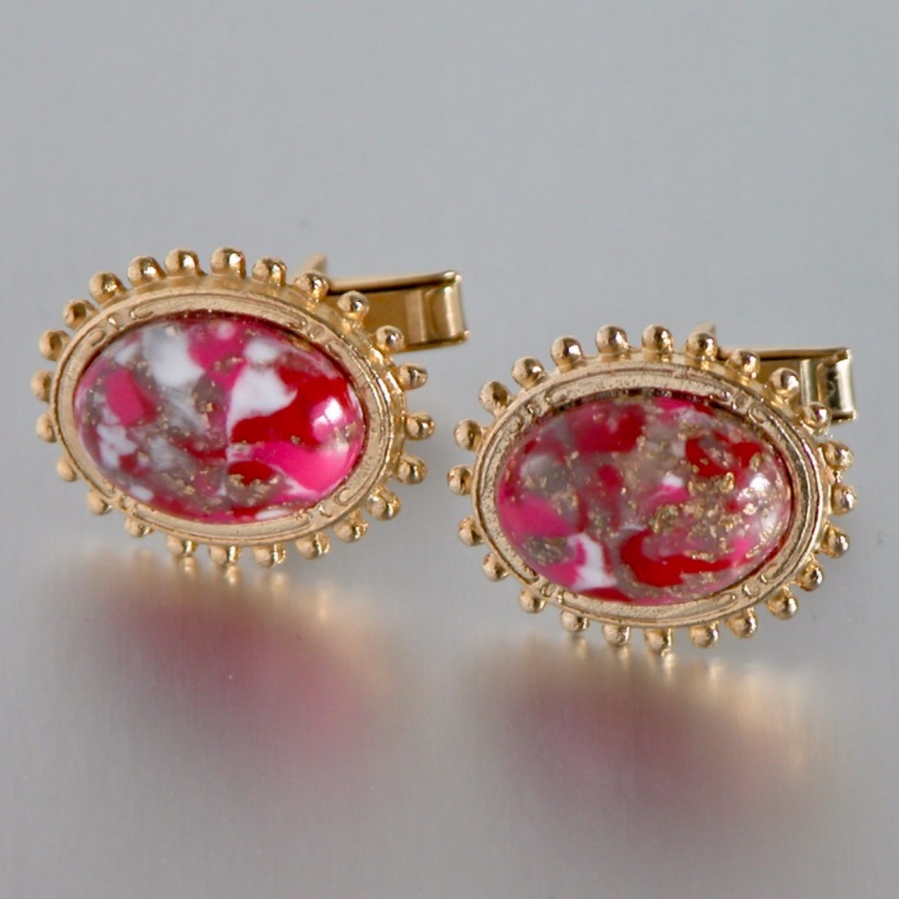 Vtg Pink Marble Stone Gold Tone Cufflinks